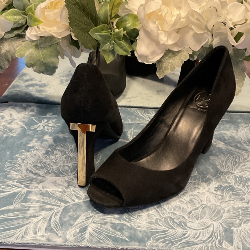 Tory Burch Black Peep-Toe Heels with Gold Accent